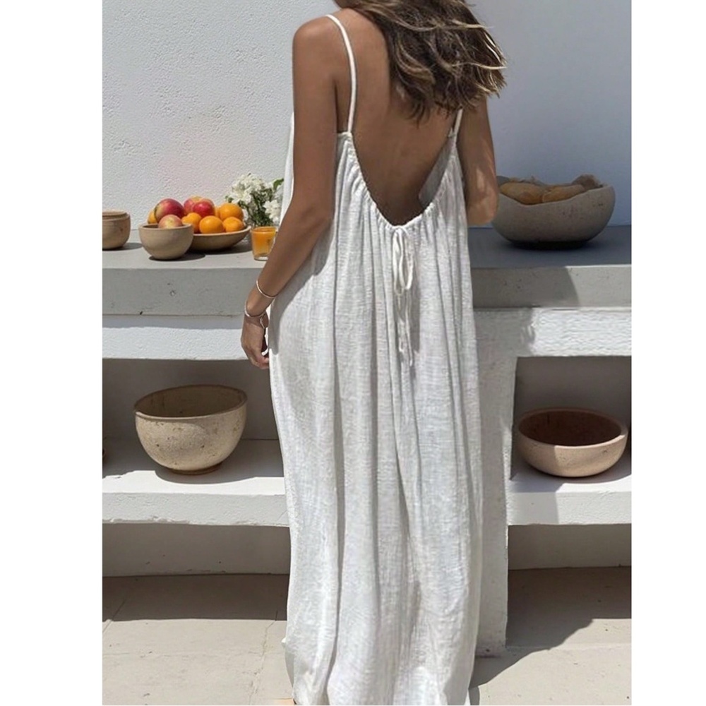 Loose Fitting White Backless Drawstring Cami Long Maxi Dress